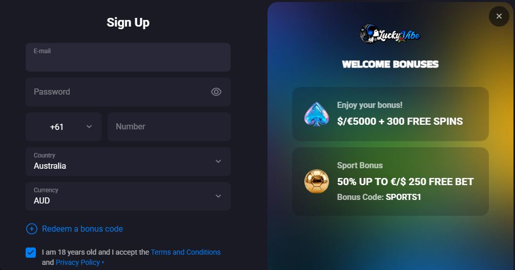 Register new Lucky Vibe account by entering personal details